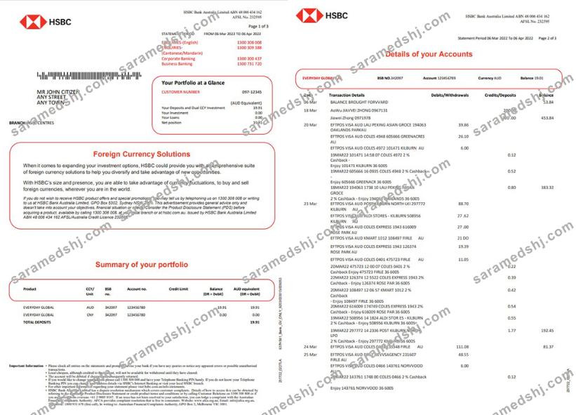 Australia HSBC bank statement, Word and PDF template, 3 pages